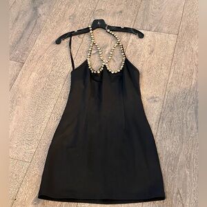 AREA Elegant Black Dress with Pearl Detailing, Size Small, New Without Tags